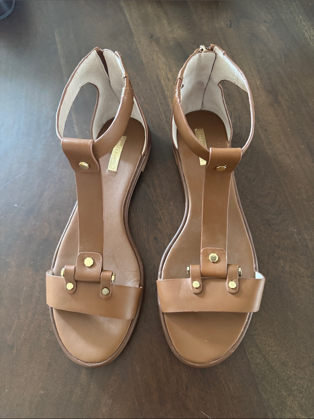 Louise et Cie Cognac Brown Leather Gold Stud T-Strap Sandals